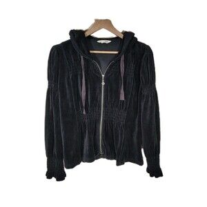 Odd Molly Womens Velour Zip Hoodie Size 3 Black Smocked Waist Elevated Basic